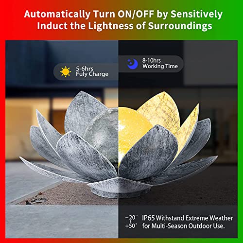 AIINY Garden Solar Light Outdoor(2Pack), Amber Crackle Globe Glass Lotus Decoration, Waterproof Gary Metal LED Flower Lights for Patio,Lawn,Walkway,Tabletop, Garden Gifts for Women - color: White