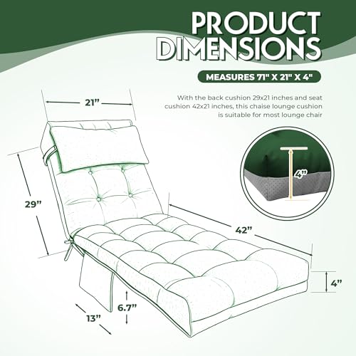 Outdoor Chaise Lounge Chair Cushion, Waterproof Outdoor Chair Cushions for Patio Furniture, 71 x 21 x 4 Inches Replacement Chaise Lounge Cushion with Ties (Green) - color: Green