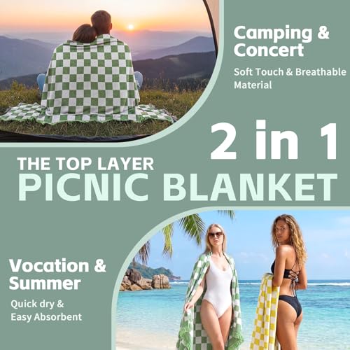 2 in 1 Extra Large Outdoor Picnic Mat Woven Summer Throw Blanket Boho Giant Beach Travel Essential Yoga Accessories Park Patio Lawn Garden Grass Ground Play Music Festival Concert Must Have - color: Checkered Green