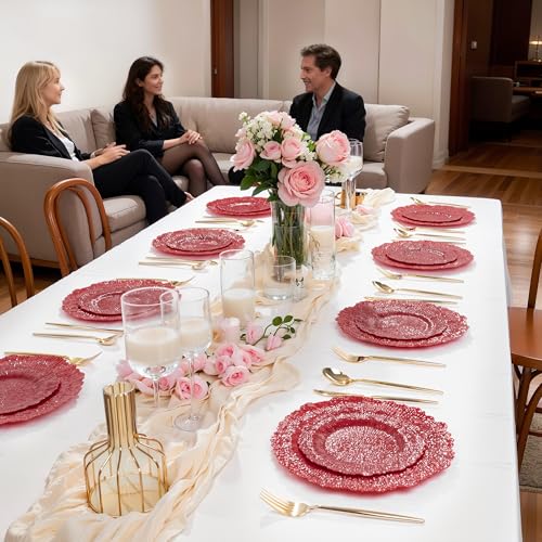 DaYammi 60Pcs Red Plastic Plates - Red Pates Disposable & Reusable - Heavy Duty Plastic Plates for Party Including 30 Dinner Plate,30 Dessert Plate,red disposable plates for Parties Wedding - color: Red
