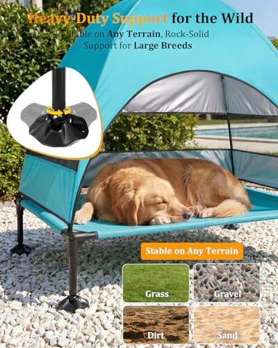 Elevated Dog Bed with Canopy - 3-Sided UV Protection Pet Tent with Wider Shade, Raised Cooling Outdoor Dog Cot with Breathable Mesh for Medium Large Dogs, Portable Pet Bed for Camping, Patio (Aqua, L) - color: Aqua, size: Large