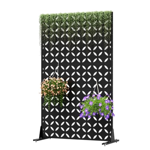 Cofar Metal Privacy Screen Outdoor 72" H×44" W -Black Freestanding Outdoor Privacy Panels with Stand, Decorative Fence for Patio, Deck, Balcony (Clover) - style: 5-Panels Clover_Black