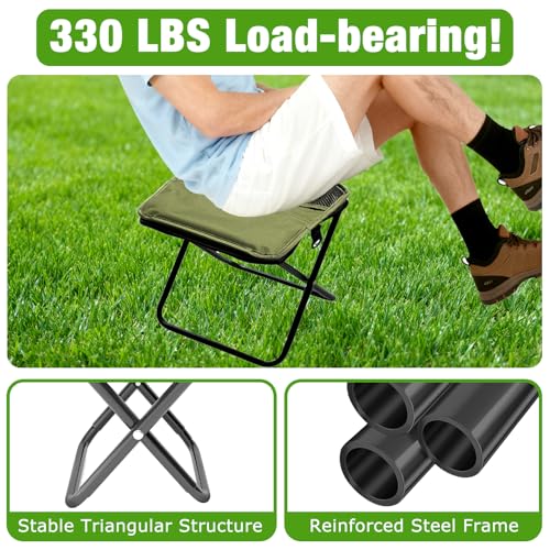 Portable Ultralight Collapsible Camping Stool,Stool Folding Chair,Lightweight Handy Fishing Stool 350 LB,Backpack Pocket Stool for Hiking Picnic Travel with Sunglass Bag and Magnetic Hat Clip - color: Green+large