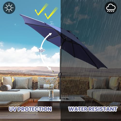 Sun-Ray 9' Round Patio Umbrella with Push-Button Tilt and Hand Crank Lift System, Market Umbrella for Porch, Deck, and Patio - color: Navy
