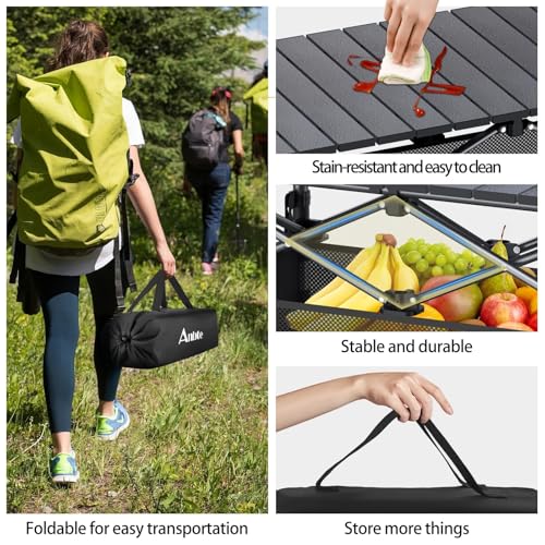 Anbte 3ft Aluminum Roll Top Camping Table, 2 Adjustable Height Camping Table Folding with Storage Net & Bag Lightweight Roll Up Table for Tailgate Outdoor Backyard BBQ Patio Picnic, 32.2” X 16”, Black - color: Black, size: 32"L x 16"W x 27.5"H (2 heights)