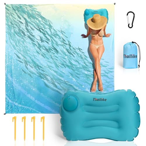 Beach Blanket, Waterproof Sandproof Beach Mat with Stakes and Inflatable Camping Pillow, 79" X 83" Quick Drying Lightweight & Durable Outdoor Picnic Mat with 4 Corner Pockets for Beach Camping - color: Sea Fish