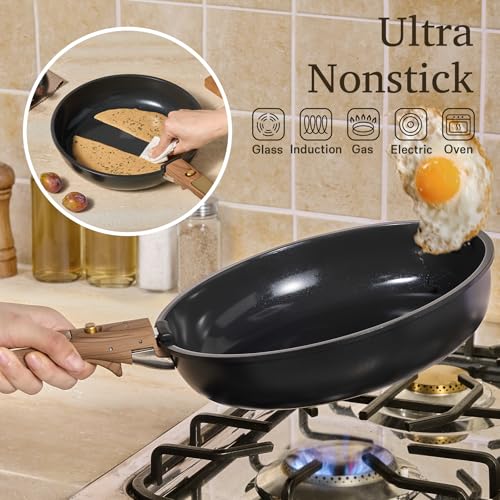 CAROTE 15Pcs Ceramic Cookware Set, Pots and Pans Set Non stick, Kitchen Cooking Set with Detachable Handle, Non Toxic Induction Cookware, Dishwasher/Oven Safe, PFAS Free, Black&Gold - color: Black