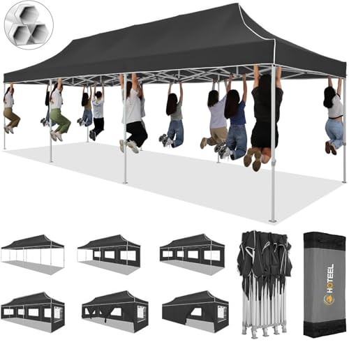 HOTEEL 10x30 Heavy Duty Pop up Canopy Tent for Parties with 8 Sidewalls, Easy Setup Outdoor Commercial Instant Gazebo for Wedding Event, with Portable Bag & Sand Bags, Black(Hexagonal Frame) - color: Black, size: 10x30FT (+8 Walls)
