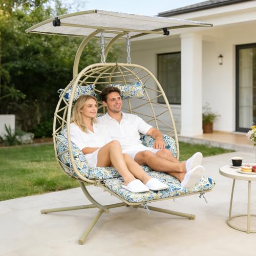 Double Egg Chair Outdoor with Stand & Canopy,Hanging Loveseat Hammock Swing Chair with Leg Rests & UV Resistant Cushion,Patio Swinging Chair,600LBS Capacity for Bedroom Balcony Garden - color: Double Chair & Footrest & Canopy, size: Khaki Frame&Khaki Cush