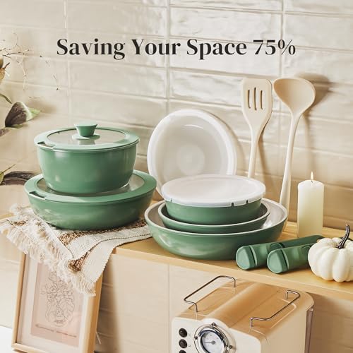Redchef 16pcs Ceramic Pots and Pans Set Non Stick, Nonstick Ceramic Cookware Set with Detachable Handle, Non Toxic, PFAS PFOA & PTFE Free RV Cookware for Camping, Dishwasher/Oven Safe (Green) - size: 16 pcs Green
