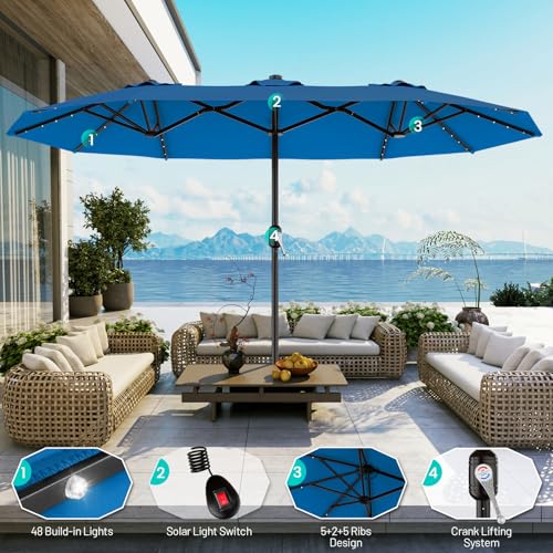 AreShark 13 FT Patio Umbrella with Solar Lights, Double-Sided Outdoor Table Umbrellas with Crank, Large Rectangular Market Umbrella for Porch, Lawn, Pool, Backyard, Royal Blue - color: Royal Blue, size: 6.5x13 Ft