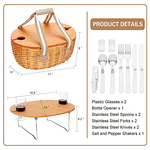 Wicker Picnic Basket for 2 with Large Insulated Cooler Compartment and Folding Table, Cutlery Service Kits, Willow Hamper Set with Woven Handles for Camping, Outdoor, Party(Beige)