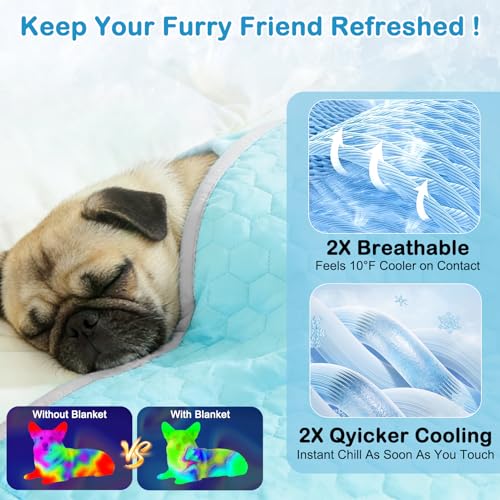 Vivifying Cooling Blanket for Dogs, Q-MAX>0.5 Reversible Ice Silk Dog Cooling Mat with Soft Plush Backing, Summer Pet Blanket Throw for Couch Bed Crate Floor Travel, 30 x 40 Inch (Blue&Grey) - size: M(30"x40")