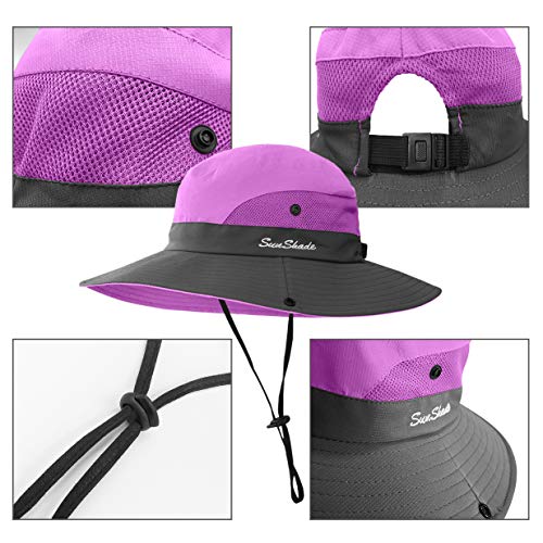 3 Pieces Womens Ponytail Wide Brim Sun Hat Packable UV Protection Beach Cap for Fishing & Hiking - color: Purple＆sky Blue＆beige