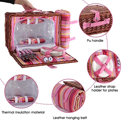 Wicker Picnic Basket for 4 with Waterproof Picnic Blanket and Insulated Cooler, Willow Hamper for Camping, Outdoors, Photoshoot, or a Birthday, Valentine’s Day, Wedding Gift, Pink - color: Pink Stripe