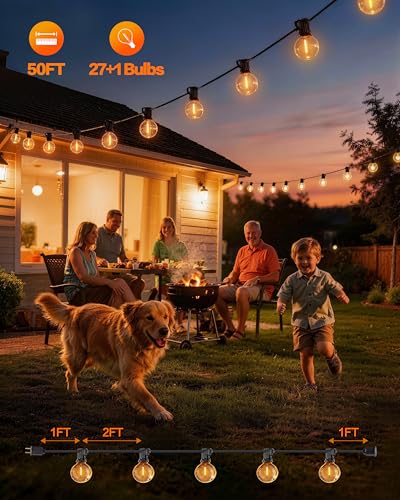 Outdoor String Lights, 50FT 27+1 G40 Edsion Bulbs Shatterproof Patio Lights Waterproof, Dimmable Connectable Globe Hanging Lights for Outside, Backyard, Bistro, Porch, Deck, Balcony - size: 50FT