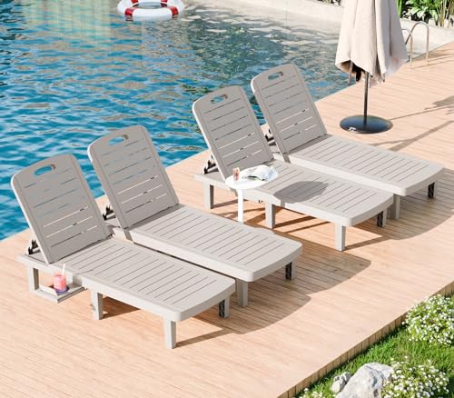 WACASA Outdoor Chaise Lounge Chairs Set of 4, Oversized Lounge Chairs with 5-Level Adjustable Backrest & Cup Holder, Resin Waterproof Pool Lounge Chair for Poolside, Patio, Beach, Yard, Gray - color: Grey, size: Set of 4