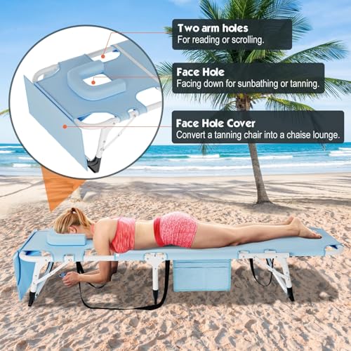 MOPHOTO Tanning Chair, Outdoor Sunbathing Lounge Chair 5-Position, Folding Chaise Lounger, Sun Tanning Lounger with Face Hole, Perfect for Pool Beach Patio - color: Light Azure, style: Sunbather Lounge