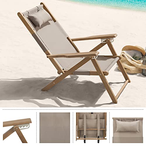 Lavish Home Beach Chair - Outdoor Weather-Resistant Wood Folding Chair with Backpack Straps - 4-Position Reclining Seat - Beach Essentials (Taupe) - color: Taupe, style: Set of 1