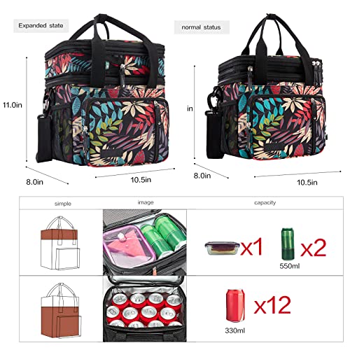 MOV COMPRA Leaf Printed Leakproof Expandable Large Double Deck Lunch Box Cooler Bag for Women Men, Beach Cooler Bag with Removable Shoulder Strap - color: NEW FLOWER