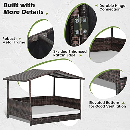 Tangkula Wicker Dog House, Indoor Outdoor Raised Rattan Dog Bed w/Removable Cushion, Washable Cover, Weatherproof Roof, Rattan Puppy Shelter w/Elevated Floor for Small Medium Dogs (White) - style: White