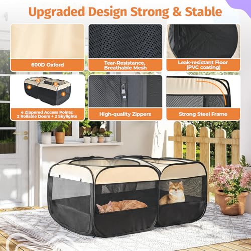 2-in-1 Dog Playpen 73.5''Pop Up Cat Pet Playpen, Assembly-Free Indoor Outdoor Kitten Enclosure, Kitten Pen Cat Cage Portable Puppy Tent Crates Kennel for Small Animals(No Divider, Unified Space) - color: Beige, size: L, 73.3"L x 37.5"W x 32"H