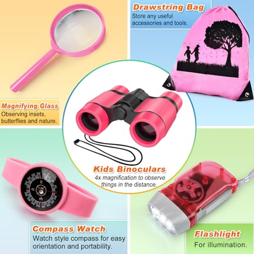 YOPINSAND Kids Explorer Kit & Bug Catcher Kit, Camping Gear for Kids, Outdoor Exploration Set with Backpack & Binoculars, Ideal Outdoor Adventure Toys for Boys Girls 3-12 - color: Pink