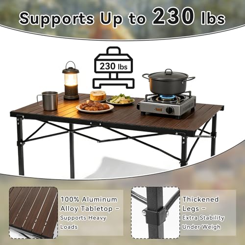 Seazul Camping Table, Large for 2-6 Persons, Supports 230 LBS, Foldable Roll-up Aluminum Camp Table with Carry Bag, Folding Portable Metal Outdoor Table for Picnic, Camp, Dining, Walnut Wood Grain