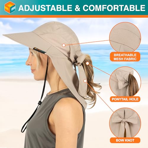 SUN CUBE Wide Brim Sun Hat with Neck Flap, UPF50+ Hiking Safari Fishing Hat for Men Women, Sun Protection Beach Hat - color: Tan With Bow