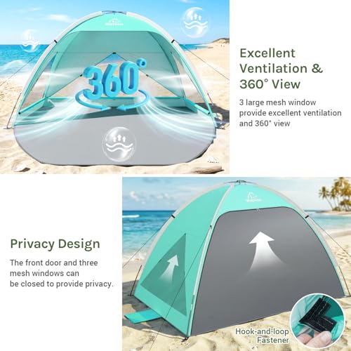 Wolfwise Large Beach Tent Sun Shelter for 3-4 Person, Spacious Sun Shade UPF 50+ UV Protection, Extendable Floor for Privacy, 3 Ventilated Mesh Windows, Carrying Bag, 95 ″x65″x55″,Mint Green - color: Mint Green