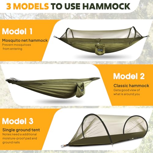 Chihee Ultra-Light Travel Camping Hammock Pop-up Net Hammock 660lbs Load Capacity,Breathable,Quick-Drying Parachute Nylon 2 Premium Carabiners,2 Tree Slings Included for Outdoor Backpacking Hiking - color: Army Green