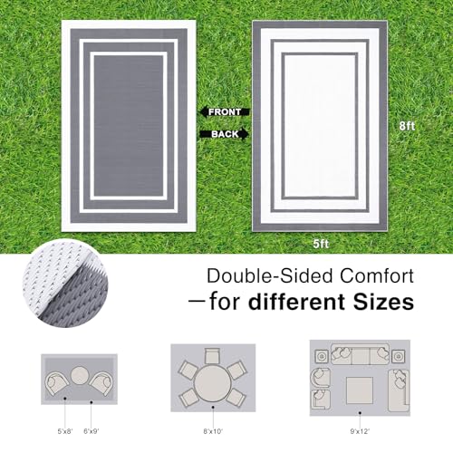 OLANLY Outdoor Rug 5x8 ft Waterproof, Reversible Outdoor Plastic Straw Rug, RV Mat, Indoor Outdoor Carpet Clearance for Patio, Camping, Balcony, Deck, Backyard, Grey & White - color: Grey & White, size: 5' X 8' (Rectangular)
