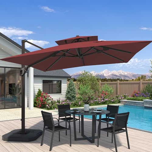 10x10 FT Cantilever Patio Umbrella Double Top Outdoor Square Large Heavy Duty Aluminum Offset Umbrellas with 7 Level Tilt 360-degree Rotation for Pool Garden Deck, Wine Red - color: Wine Red, size: 10' X 10' - Umbrella Only