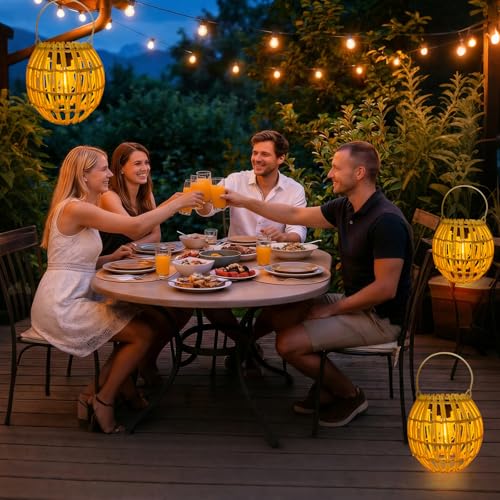 Solar Outdoor Lanterns, Hanging Rattan Lantern Handwoven Garden Lights Solar lamp Waterproof for Outside, Idea for Yard Gazebo Patio Pergola Pathway Front Porch Decor, 2 Pack