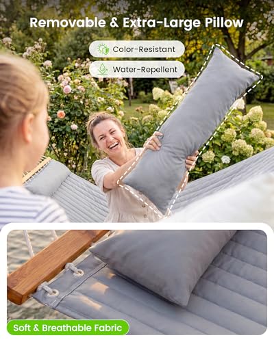 ANAGOO Double Quilted Outdoor Hammock for 2 Adults, 500lb Capacity Backyard & Camping Hammock with Pillow and Bamboo Spreader Bar, Fits 11–15ft Hammock Stands (Stand Not Included),Dark Gray - color: Dark Gray(without Stand)