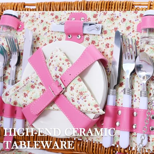 Neti Neti Wicker Picnic Basket for 4 with Insulated Cooler & Waterproof Blanket – Large Willow Picnic Hamper for Outdoor, Camping, Beach, Romantic Dates, Valentine’s Day - color: Floral Crushed