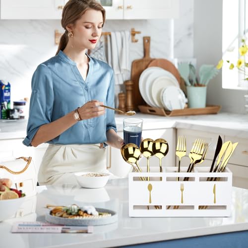 Ayiaren Wood Flatware Silverware Caddy White Cutlery Holder Kitchen Utensils Holder for Party Wooden Silverware Organizer for Countertop Knife Spoon and Fork Holder Table Utensil Caddy Organizer - color: White (Gold Font)