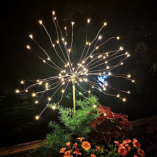 FOOING 8 Pack Solar Garden Lights Solar Firework Lights Waterproof, 200 LED String Light 2 Modes Twinkling Fairy Nightlight for Garden, Wedding, Party, Patio, Yard, Landscape Decoration, (Warm White) - style: 8 pcs-200