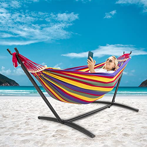 SZHLUX Double Hammock with Stand Included 450lb Capacity Steel Stand, Premium Carry Bag Included.Indoor Outdoor Brazilian-Style Cotton Bed for Backyard, Camping,Garden - color: Rainbow