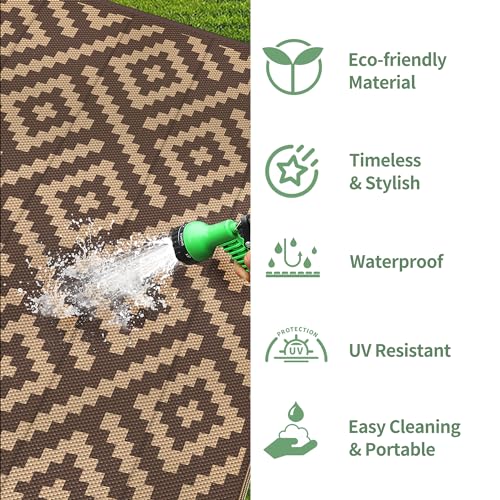 GENIMO Outdoor Rug for Patio Clearance, 6'x9' Reversible Plastic Straw Rugs, Lightweight Waterproof RV Camping Mat for Camper, Balcony, Deck, Backyard, Picnic, Coffee & Brown - color: Coffee&brown, size: 6' x 9' (Rectangular)