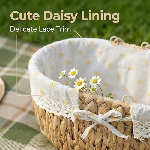 Wicker Picnic Basket with Folding Handles,Handwoven Water Hyacinth with Removable and Washable Lining,Oval Empty Basket for Toy,Flower,Wedding,Camping,Wine,Outdoor,Beach,Easter,Garden Picking