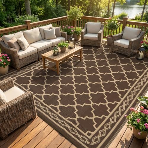 GarveeHome 10x20 Outdoor Rug for Patio Waterproof Rug Large Outside Rugs Reversible Plastic Straw Patio Camping Rugs Foldable Camping Carpet for Backyard, Deck, Picnic, Beach, Trailer, Brown/Beige - color: Brown/Beige(geometric), size: 10' x 20' (Rectangu