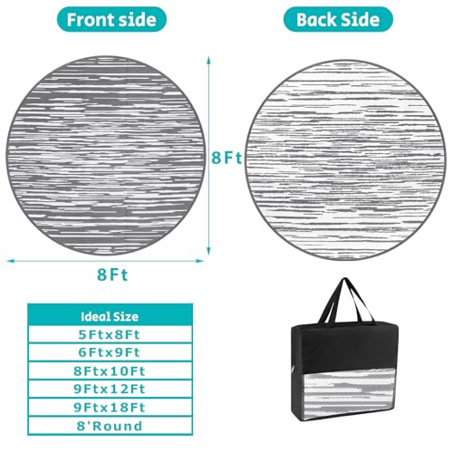 HEBE Round Outdoor Rug 8' Waterproof for Patios Clearance, Reversible Plastic Straw Rug Camping Carpet, Indoor Outdoor Area Rugs Patio Mats for RV,Picnic,Backyard,Deck,Balcony,Porch - color: Stripe/Grey, size: 8' Round