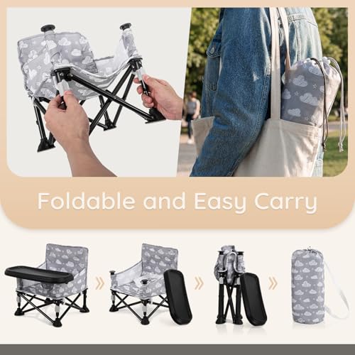 Toddler Booster Seat for Kitchen Chair & Travel - Portable Foldable with Removable Tray, Baby Camping Chair 6-36 Months Indoor Outdoor (White Cloud Design) - color: White Cloud Booster Seat