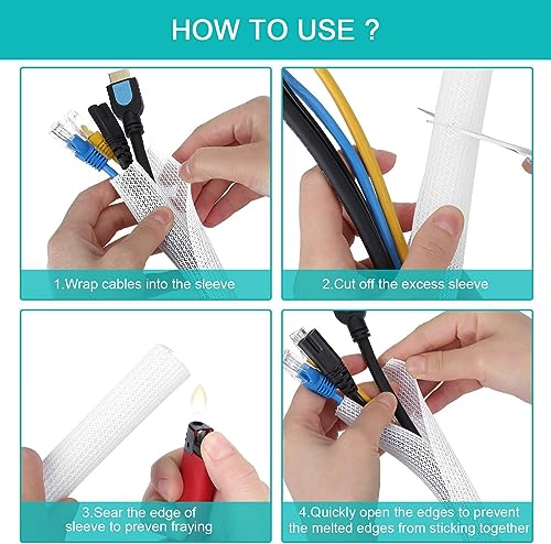 2 Pack 5ft - 1 inch White Cable Sleeve, Cable Organizer for Desk PC TV Computer, Wire Protector Cable Wrap Cover, Cord Management for Home Office - color: White, size: 10ft, 1''