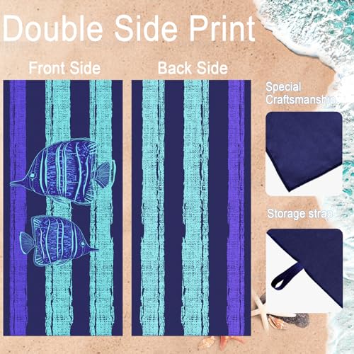 Bnuitland Stripy-Blue Fishes Pattern Beach Towel (35X75 inches), Oversized Quick Drying Absorbent Sand Free, Lightweight Towels for Travel Swimming Pool Picnic, 88% Polyester and 12% Polyamide, Blue - color: Fish Blue