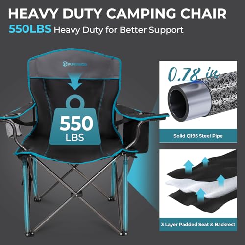 FUNDANGO Oversized Camp Chair, 2 Pack,550lbs Heavy Duty Portable Foldable Lawn Chair with Padded Lumbar Support Seat & Back, 4-can Cooler & Cup Holder, Carry Bag Included for Outdoor (Black/Grey) - color: Black/Grey With Lumber Support 2 Pack