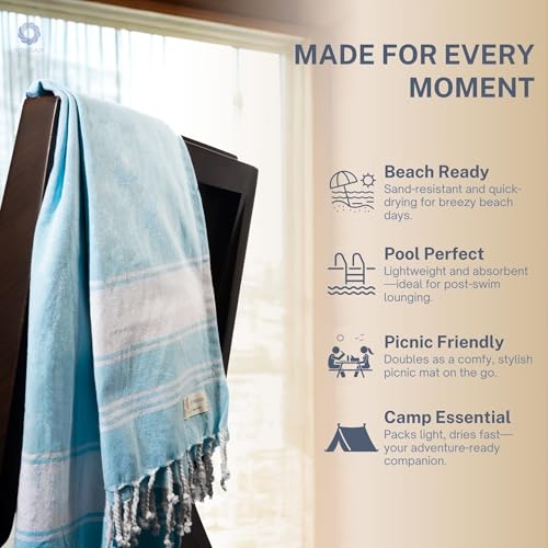 Cotton Turkish Beach Towel with Towels Oversized 36"x72" Pool Absorbent Extra Large Quick Dry Sand Travel Towel (Aqua Blue, 4 Pack) - color: Aqua Blue, size: 4 Pack