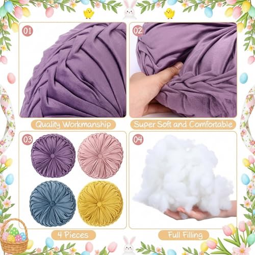 Kathfly Set of 4 Decorative Round Pleated Throw Pillows, Classy Velvet Pumpkin Round Throw Pillows, Decorative Floor Pillow for Bed Chair Home Sofa Decor, 14" Diameter(Pastel Color) - color: Pastel Color