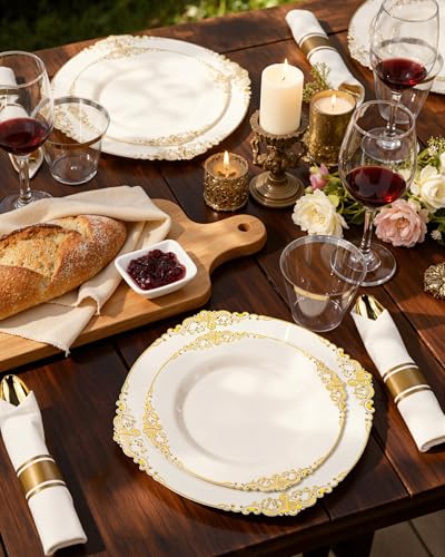 Nervure 350PCS Ivory Plastic Plates - Ivory Gold Plastic Dinnerware Sets for 50 Guests - 100 Gold Disposable Plates, 50 Pre Rolled Silverware Sets, 50 Cups Perfect for Wedding & Party & Mothers Day - color: Ivory and Gold